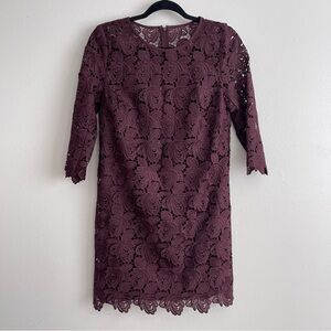 Ann Taylor LOFT plum purple lace midi dress women’s size 2 3/4 sleeve scoop neck